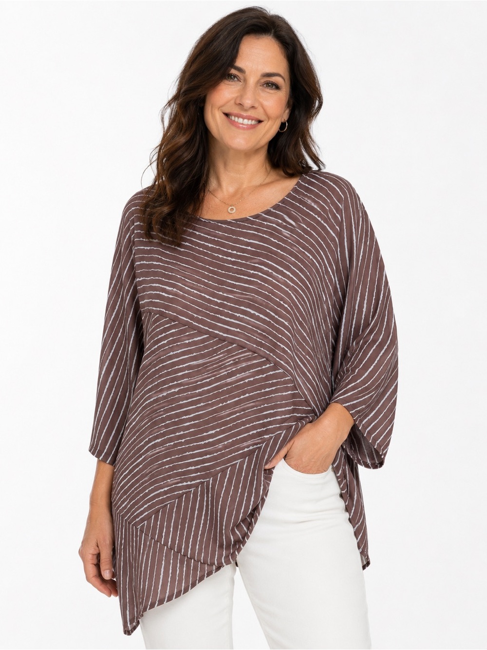 Tendency Striped Asymmetrical Brown Tunic Top